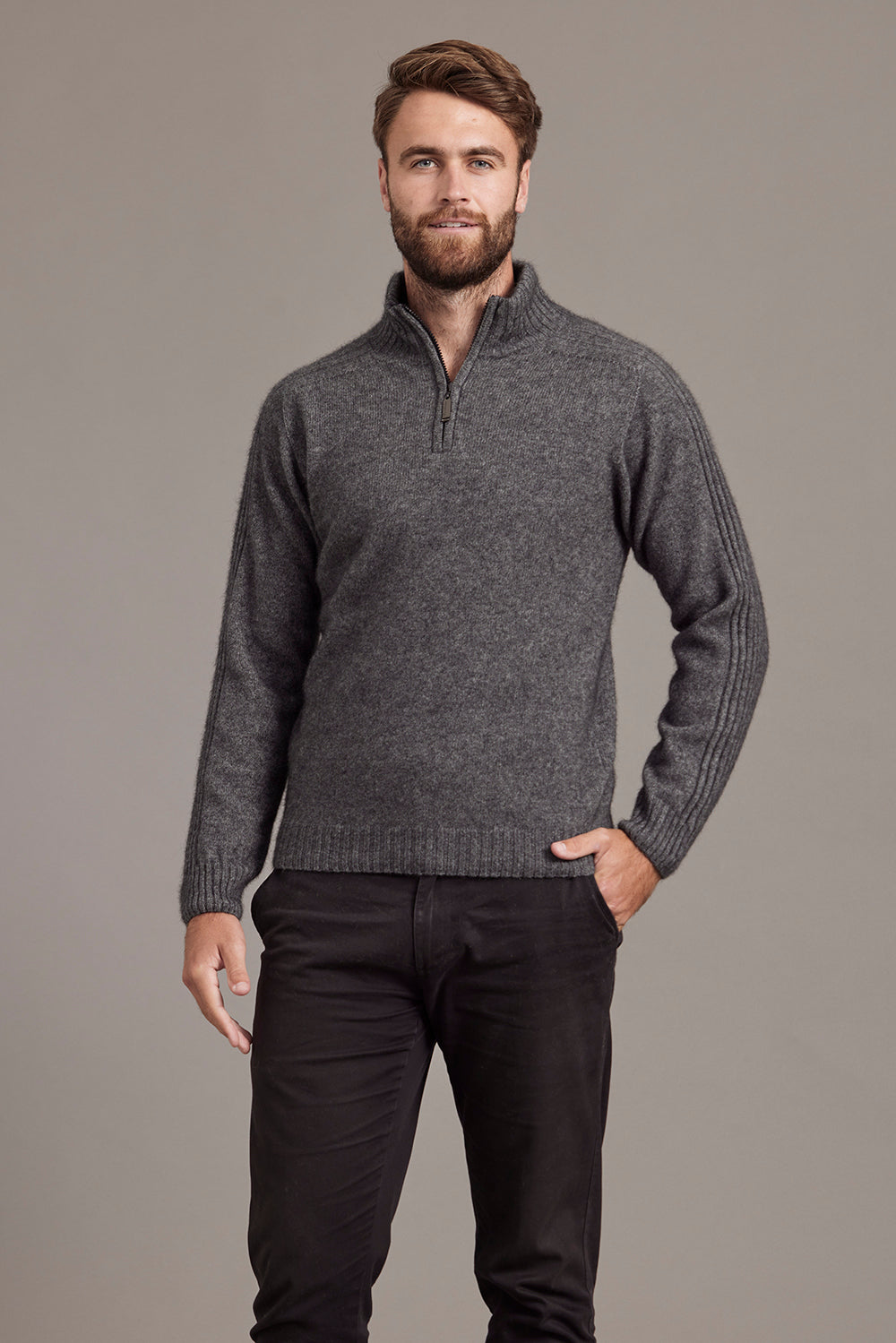 SHORT ZIP RIB SLEEVE SWEATER