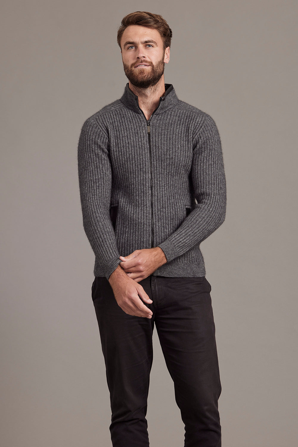 RIB ZIP JACKET WITH LEATHER TRIM