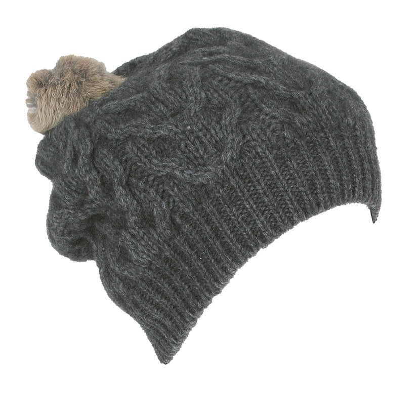RELAXED CABLE BEANIE WITH RABBIT FUR POMPOM