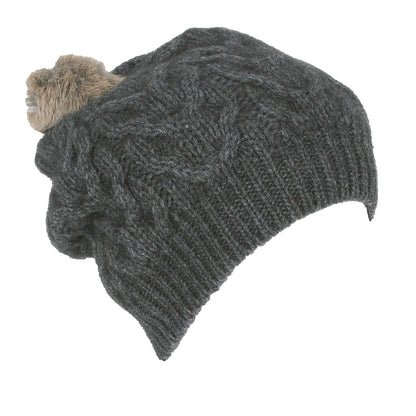 RELAXED CABLE BEANIE WITH RABBIT FUR POMPOM