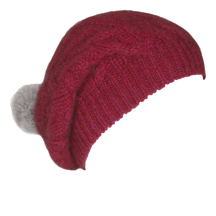 RELAXED CABLE BEANIE WITH RABBIT FUR POMPOM